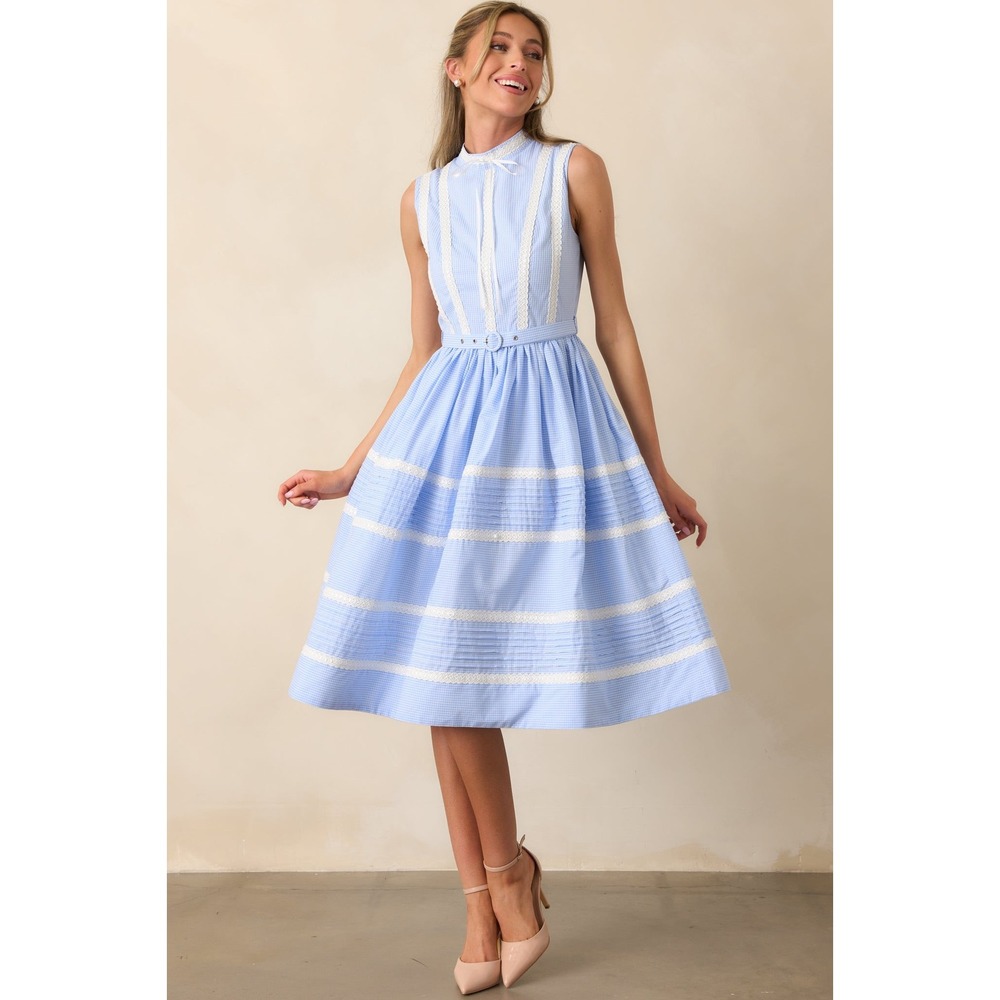 NWT Prosperina Emma Blue Micro Gingham Cotton Ribbon Trim Dress / Sizes S, M & L